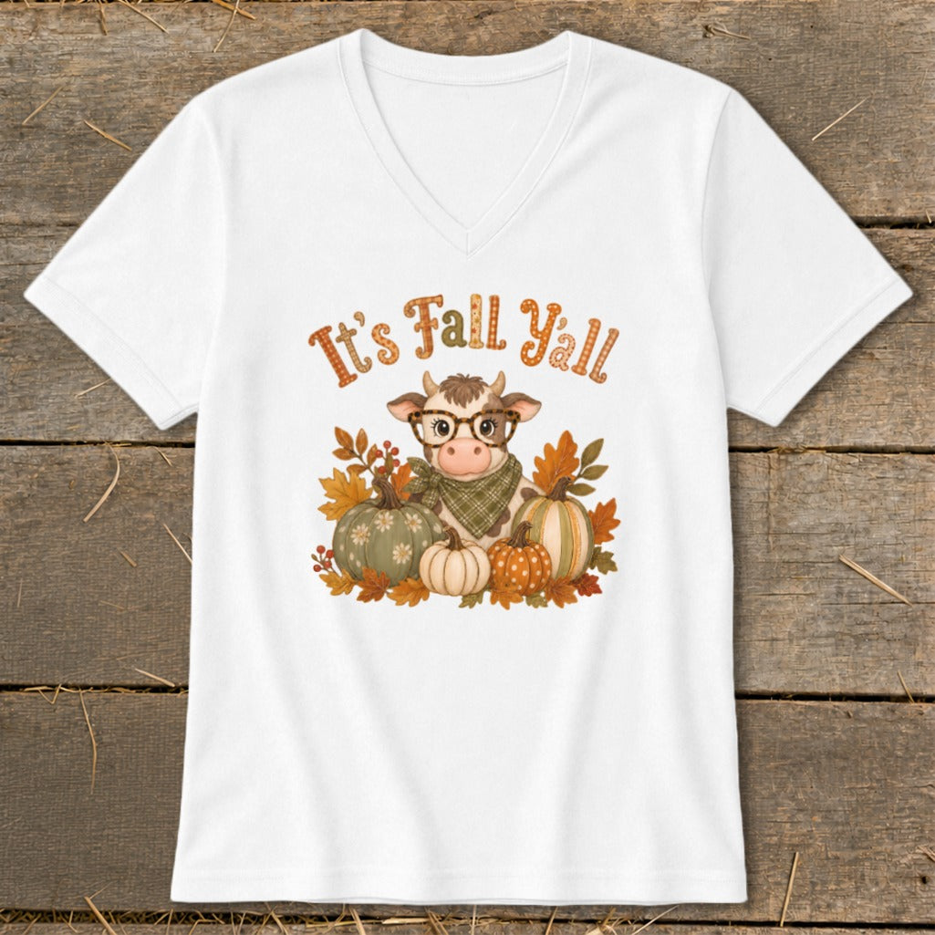 White v-neck t-shirt with a cow graphic and "It's Fall Y'all" text.