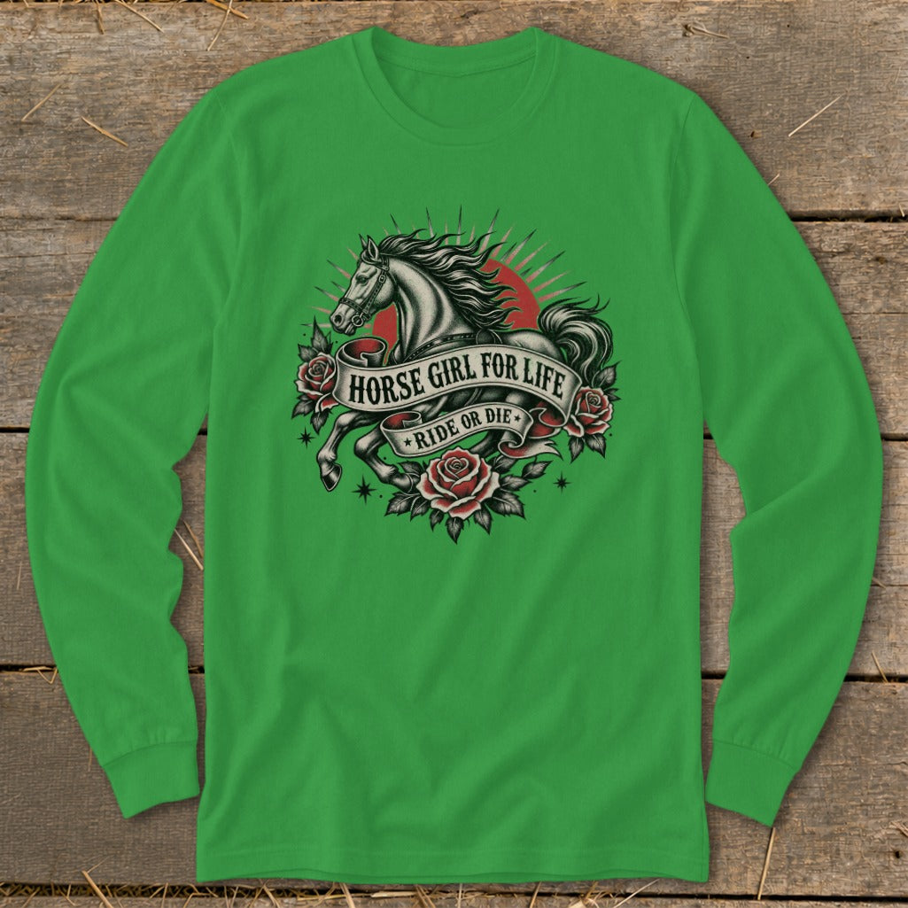 Green long-sleeve shirt with a tattoo-style design of a horse, roses, and text.
