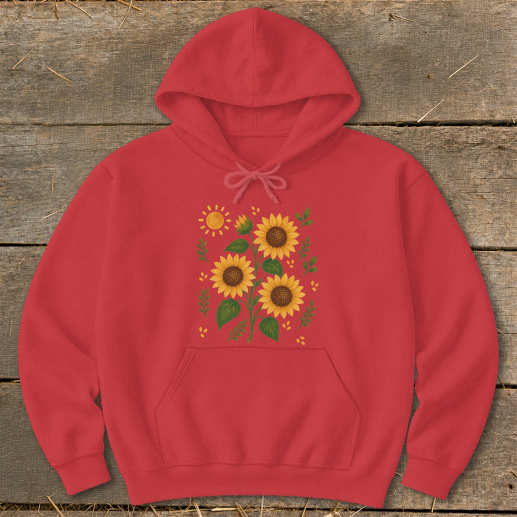 Red hoodie with a graphic of sunflowers and a sun on the chest.