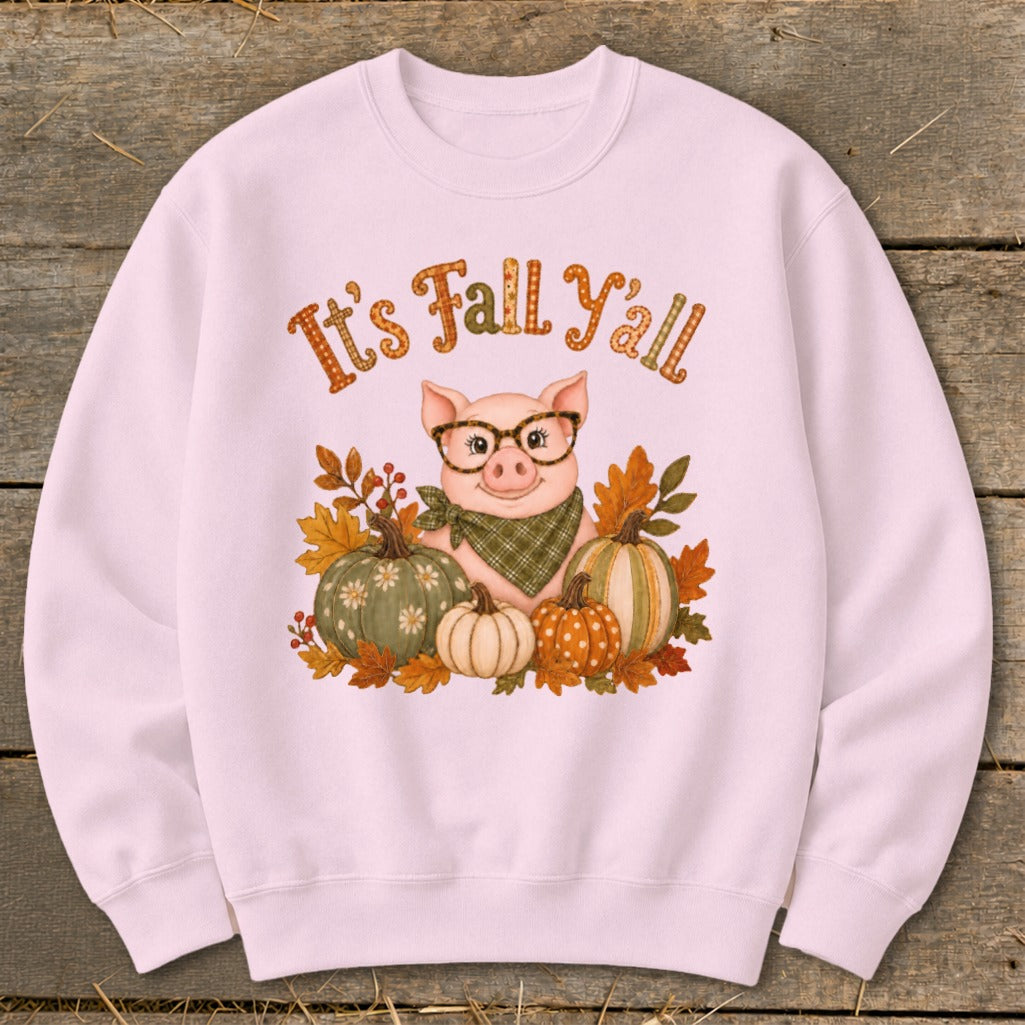 Pink sweatshirt with a pig wearing glasses, pumpkins, and "It's Fall Y'all" text.