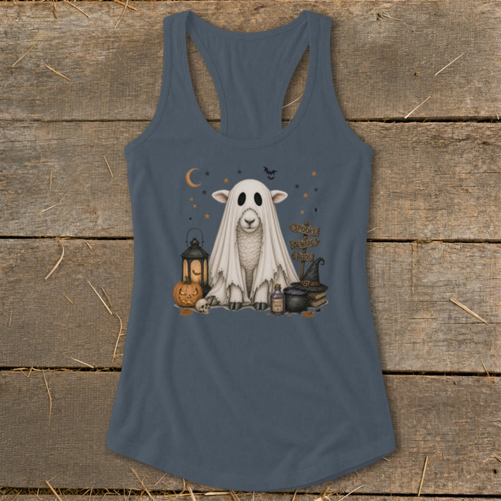 Sheep ghost costume with spooky Halloween decorations and text "Spooky Beware Boo!".