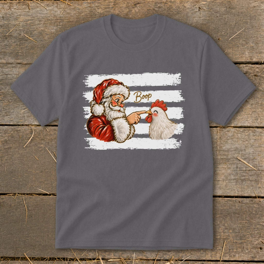 Santa Claus boops a chicken's beak with his finger, with the word "Boop" above.