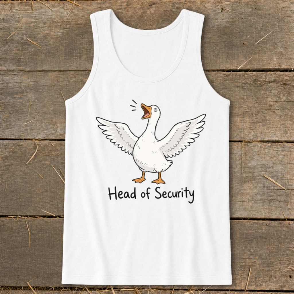 White tank top with cartoon goose and text "Head of Security."