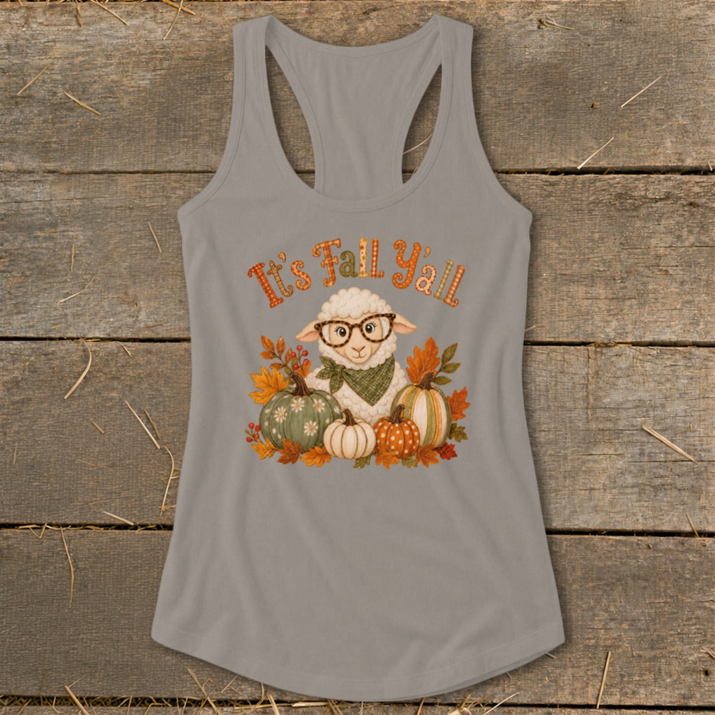 Tank top with a sheep wearing glasses and a bandana surrounded by pumpkins and leaves.