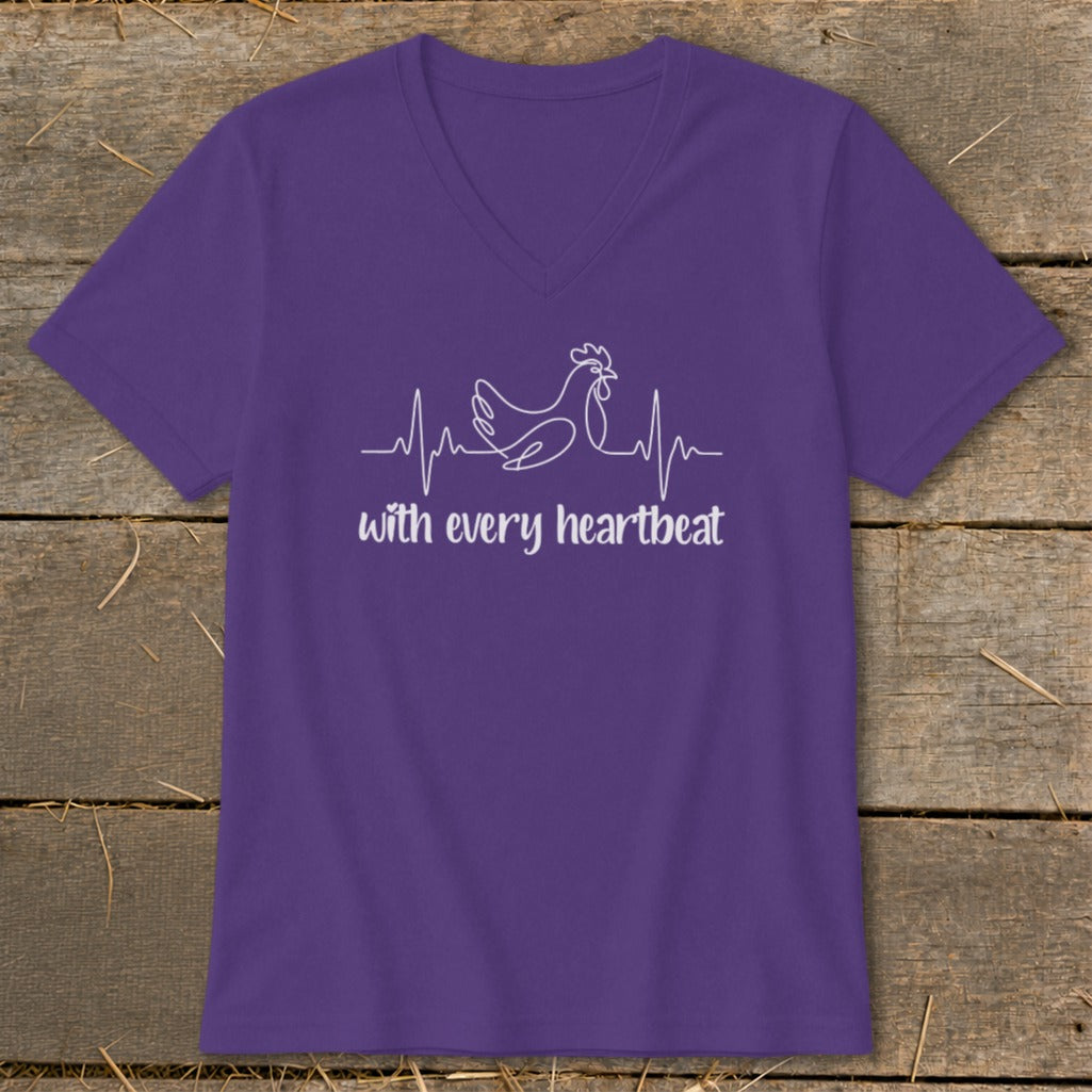 Purple t-shirt with white chicken heartbeat graphic and text "with every heartbeat".