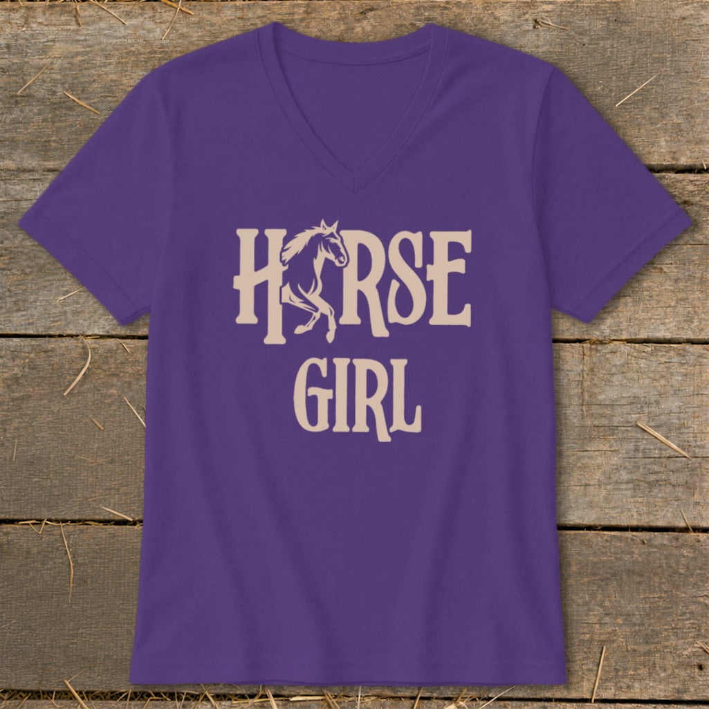 Purple v-neck t-shirt with "HORSE GIRL" text and a horse graphic.