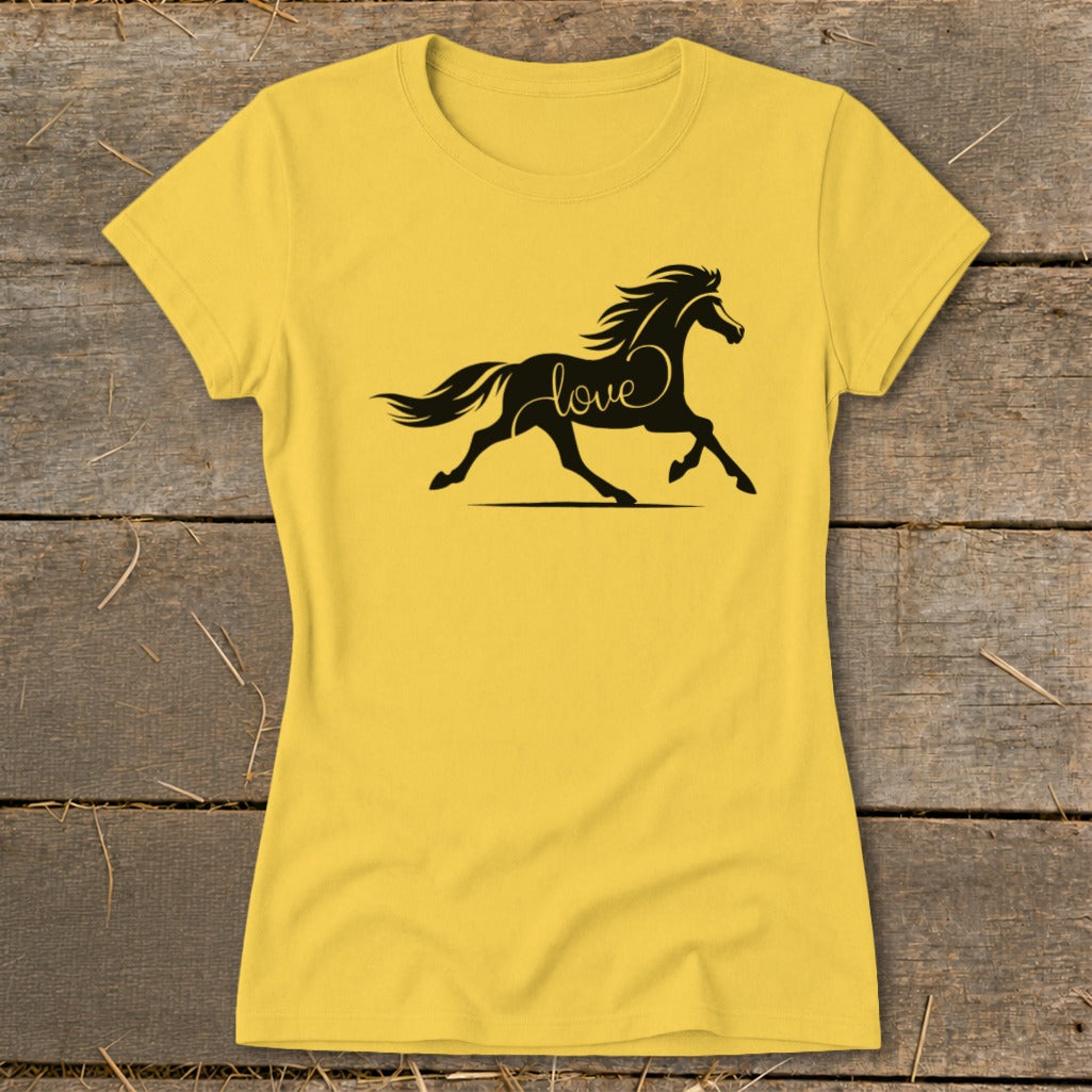 Yellow t-shirt with black silhouette of a running horse and the word "love".