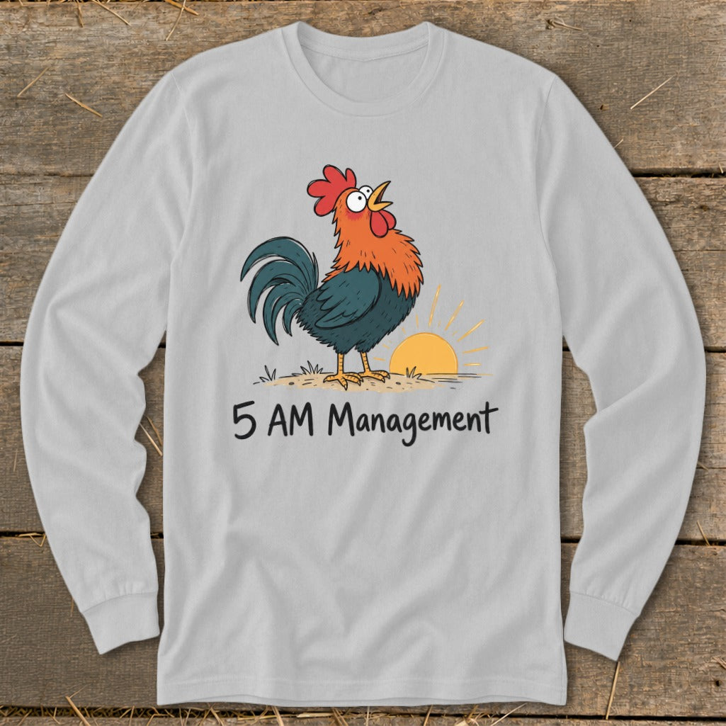 Rooster crowing at sunrise graphic with text "5 AM Management."