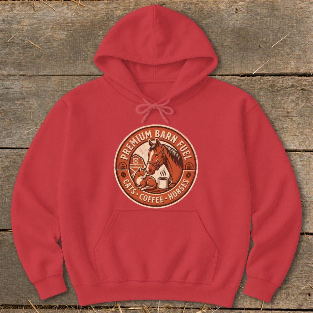 Red hoodie with a circular graphic featuring a horse, cat, coffee, and text.