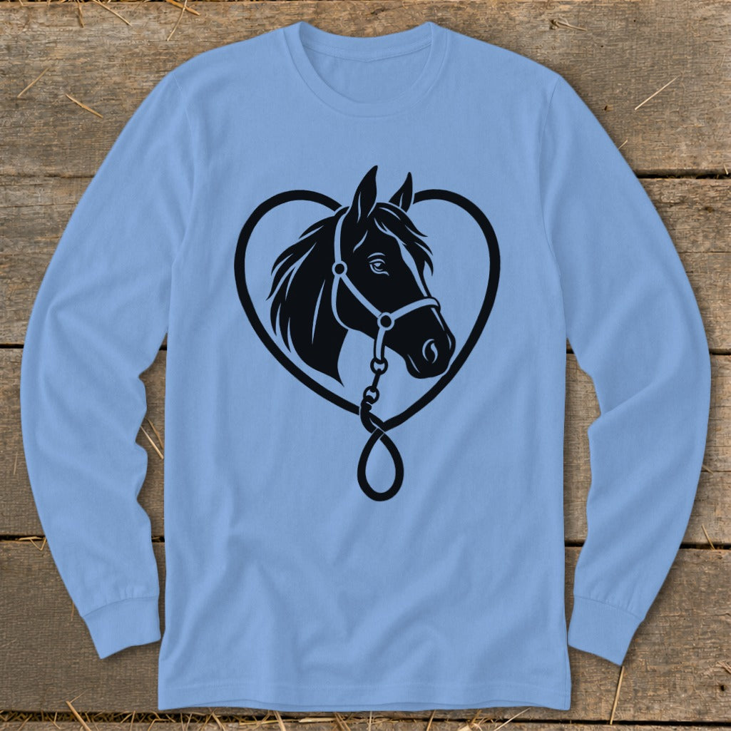 Light blue long-sleeved crewneck shirt featuring a black graphic of a horse's head inside a heart.