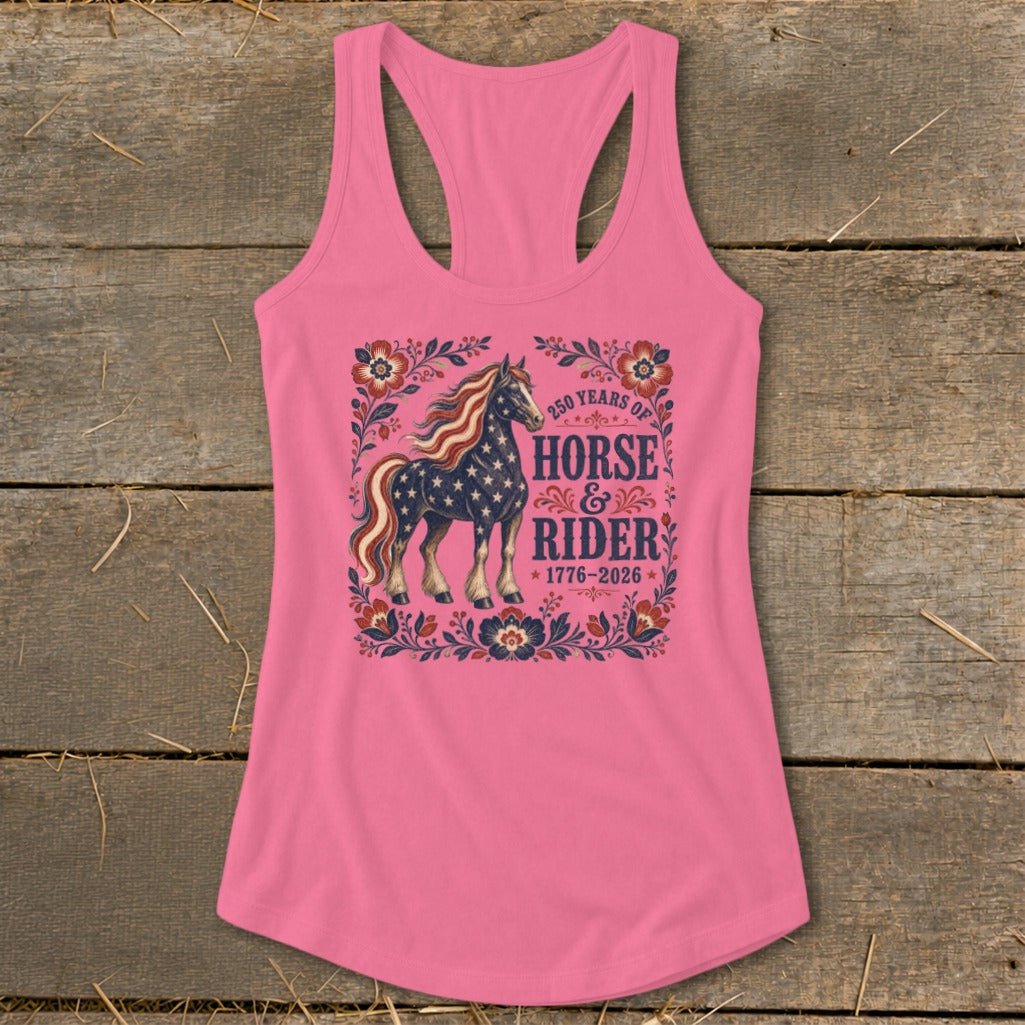 Pink tank top with a horse graphic and "Horse & Rider 250 Years 1776-2026".