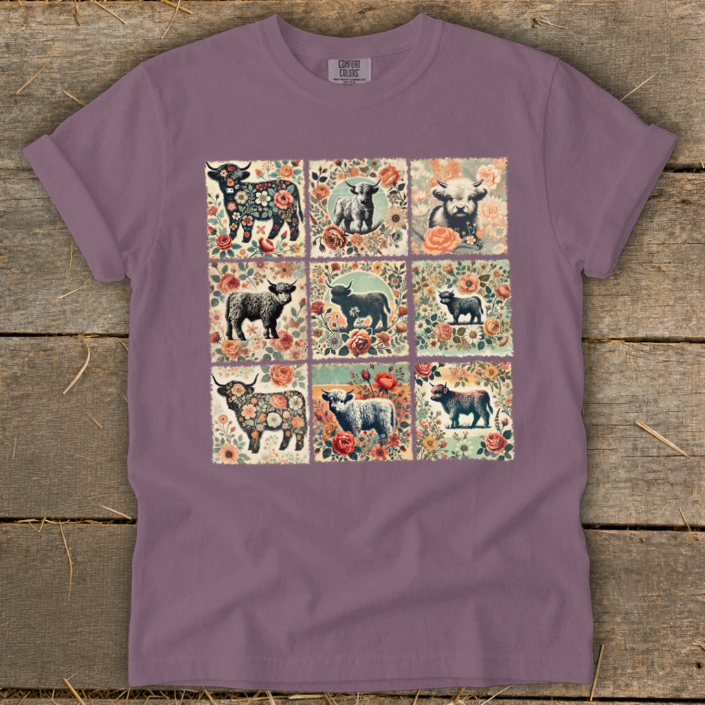 T-shirt with nine floral squares featuring Highland cows and sheep.
