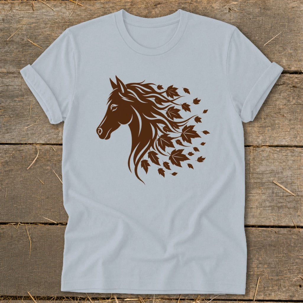 Light blue t-shirt with a brown horse head graphic with flowing mane made of leaves.