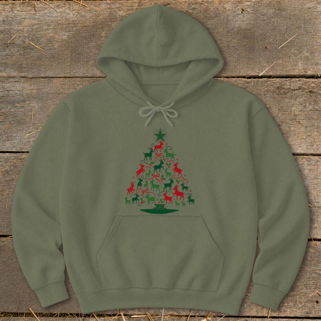 Olive green hoodie with a Christmas tree design made of red and green goats.