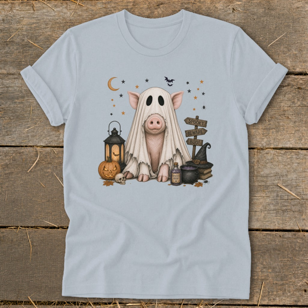 Pig dressed as a ghost with Halloween decorations, "Spooky Beware Boo!" sign.