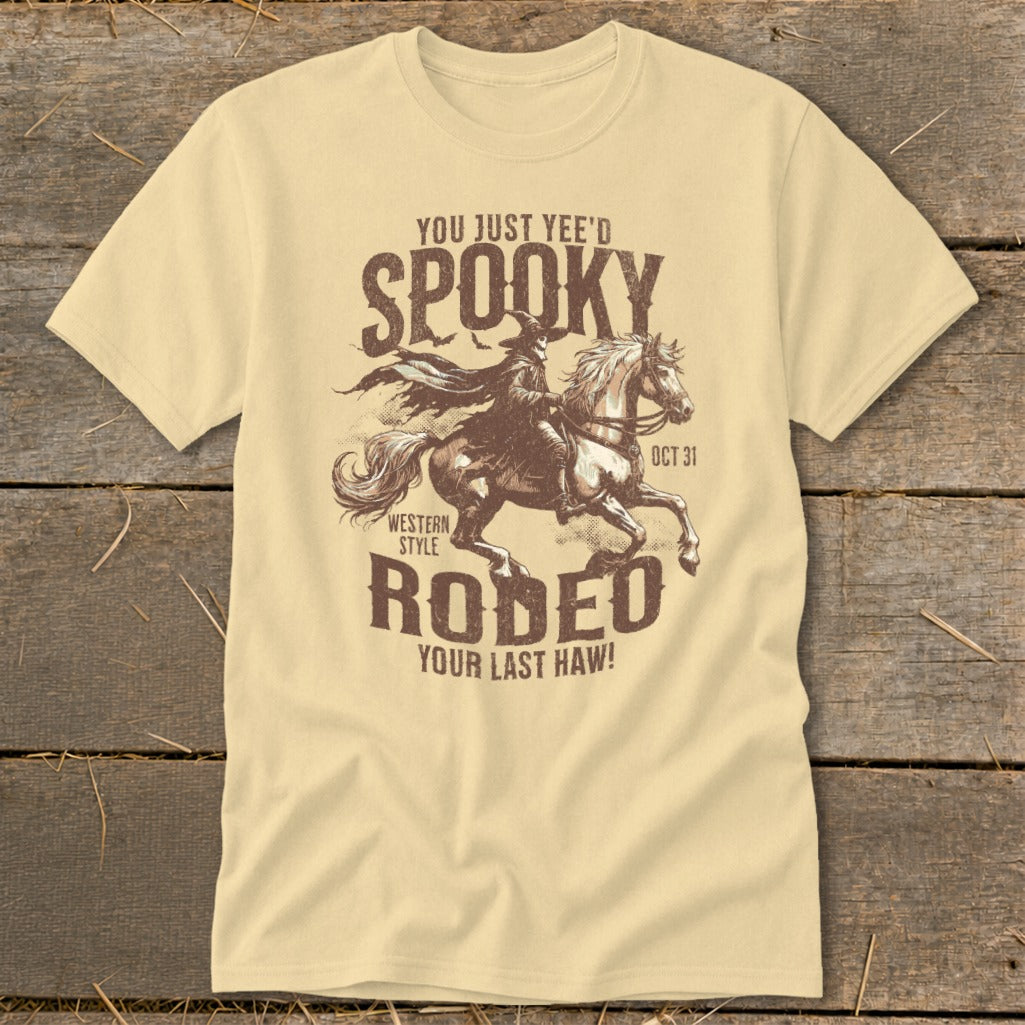 Spooky rodeo graphic with cowboy on horse and text "You Just Yee'd Spooky Rodeo".