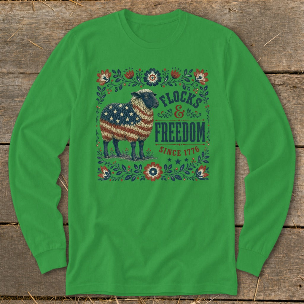 Sheep with American flag fleece, framed by floral border and text.