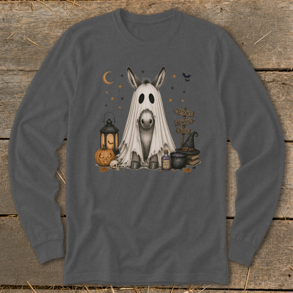 Donkey in ghost costume with Halloween decorations, text reads "Spooky Beware Boo!".