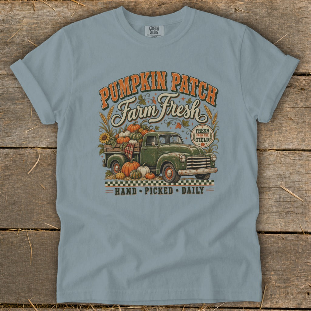 Pumpkin Patch Farm Fresh truck with pumpkins, sunflowers, and text "HAND PICKED DAILY".