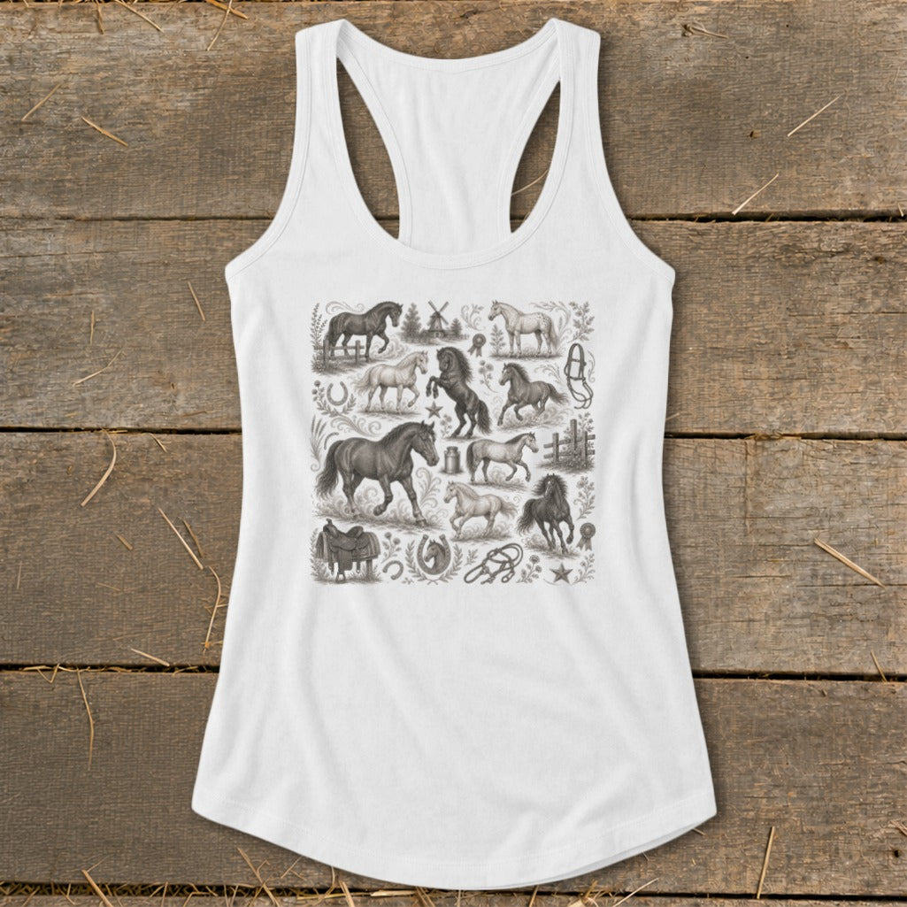 White tank top with a black and white print of various horses and equestrian elements.