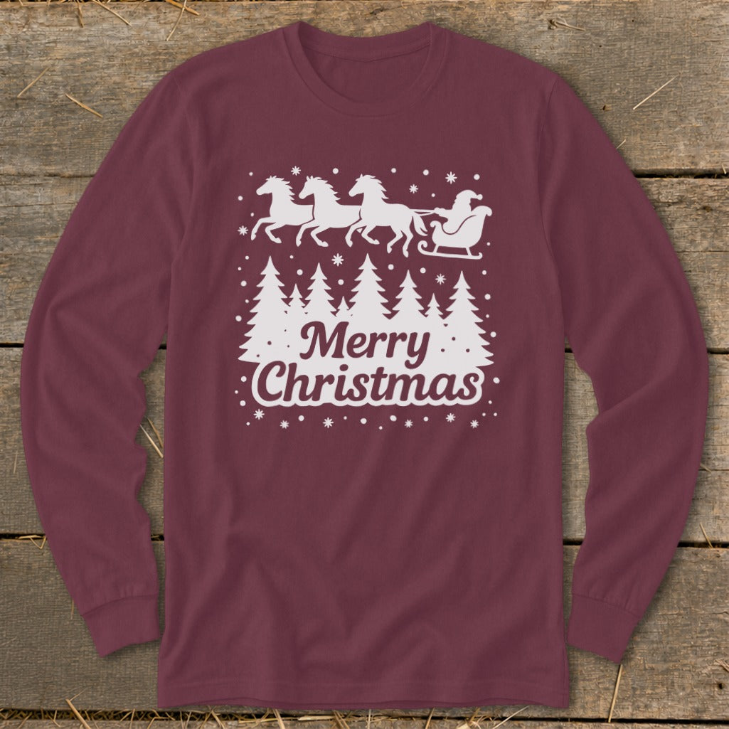 Maroon long-sleeve shirt with white Santa in a sleigh pulled by horses and Merry Christmas text.