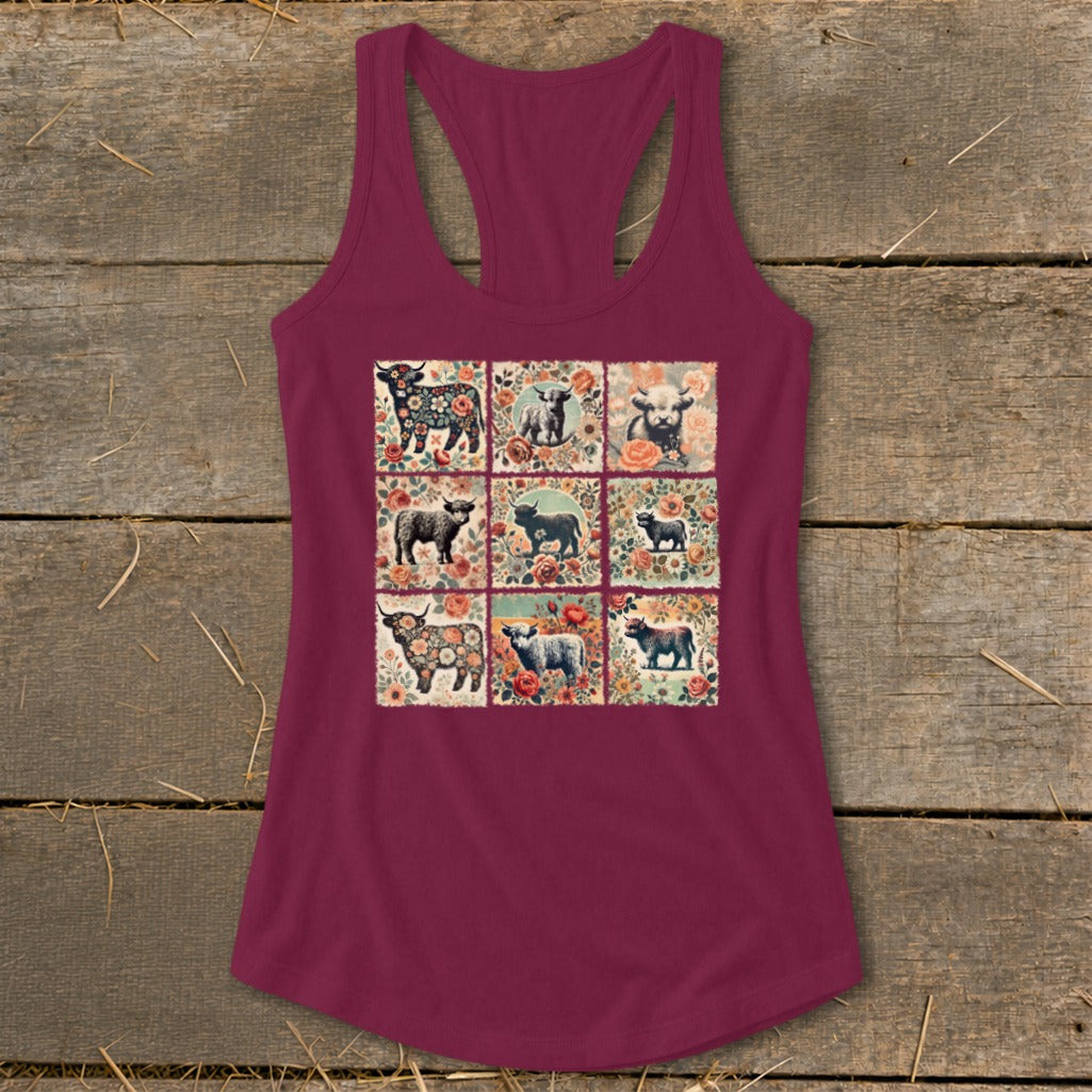 Burgundy tank top with nine square images of cows and floral patterns.