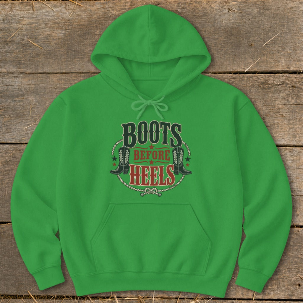 Green hoodie with "Boots Before Heels" text and cowboy boot graphics.
