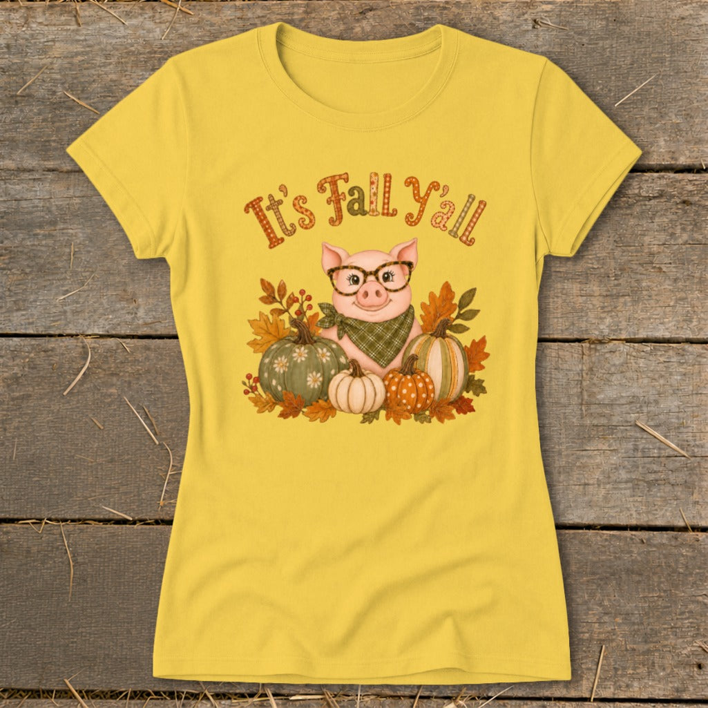 Yellow t-shirt with a pig wearing glasses, a bandana, and the text "It's Fall Y'all."