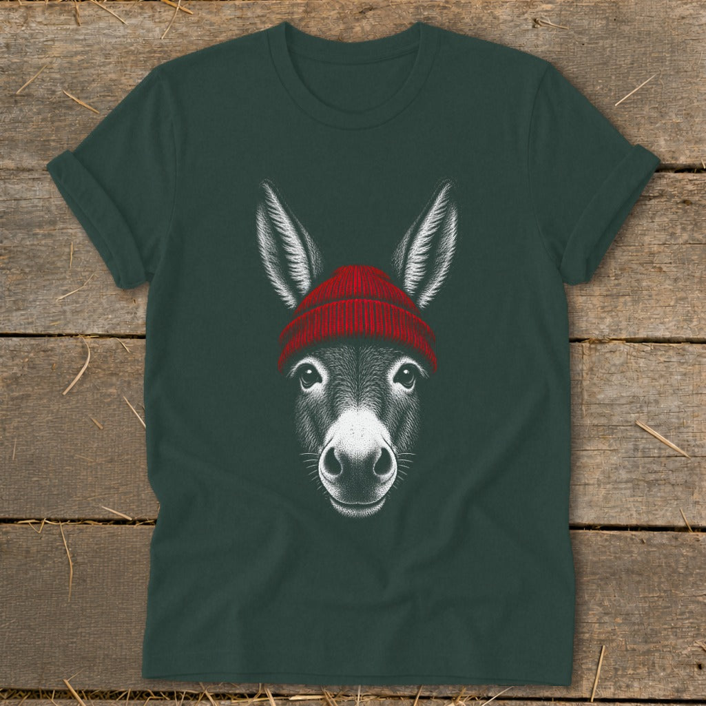 Dark green crewneck t-shirt featuring a white line drawing of a donkey wearing a red beanie.