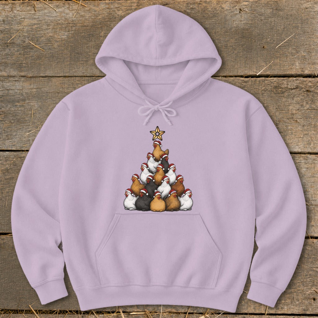 Lilac hoodie with a Christmas tree made of chickens wearing Santa hats.