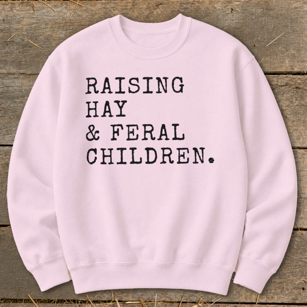 Pink sweatshirt with black text: "RAISING HAY & FERAL CHILDREN."