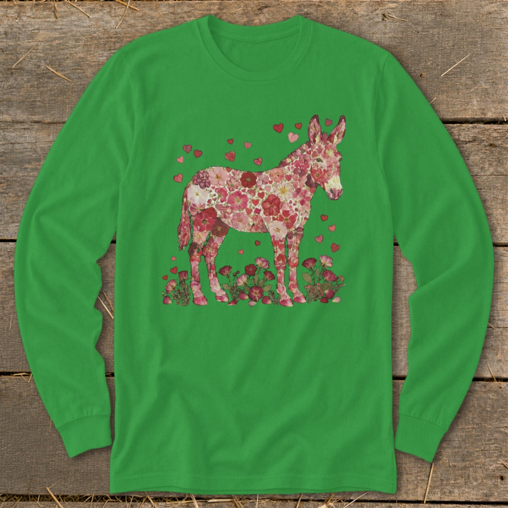 Green long-sleeved shirt with a donkey made of pink and red flowers and hearts.