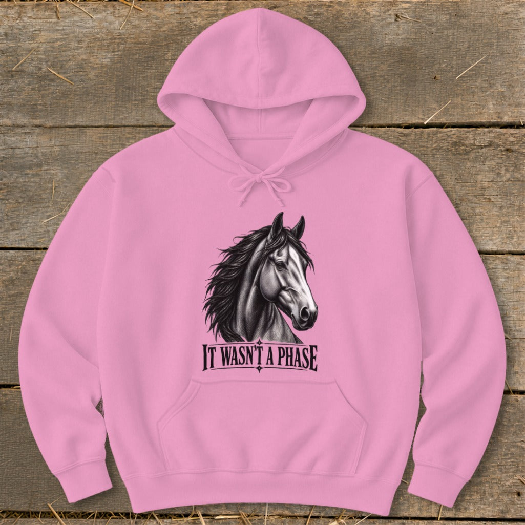 Pink hoodie with a black and white horse head graphic and text "IT WASN'T A PHASE."