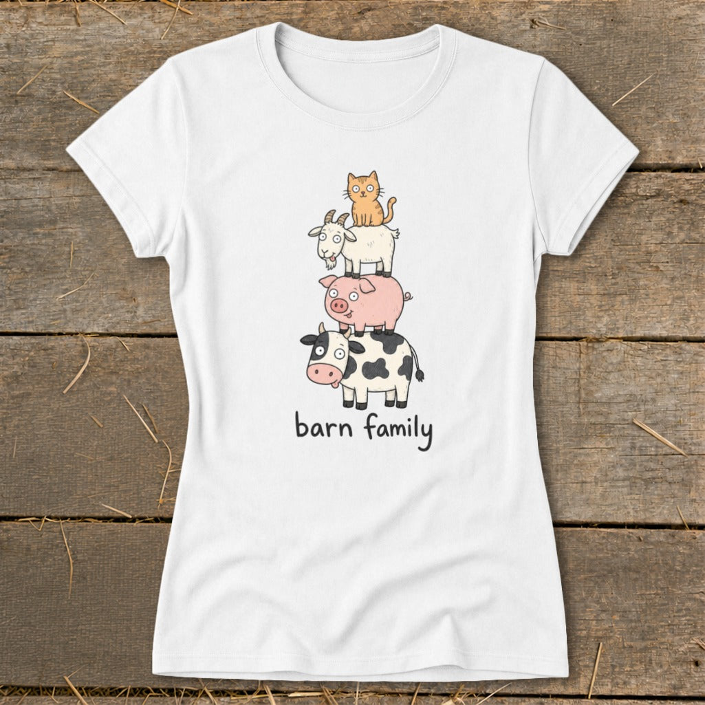 White t-shirt with stacked cartoon farm animals and "barn family" text.