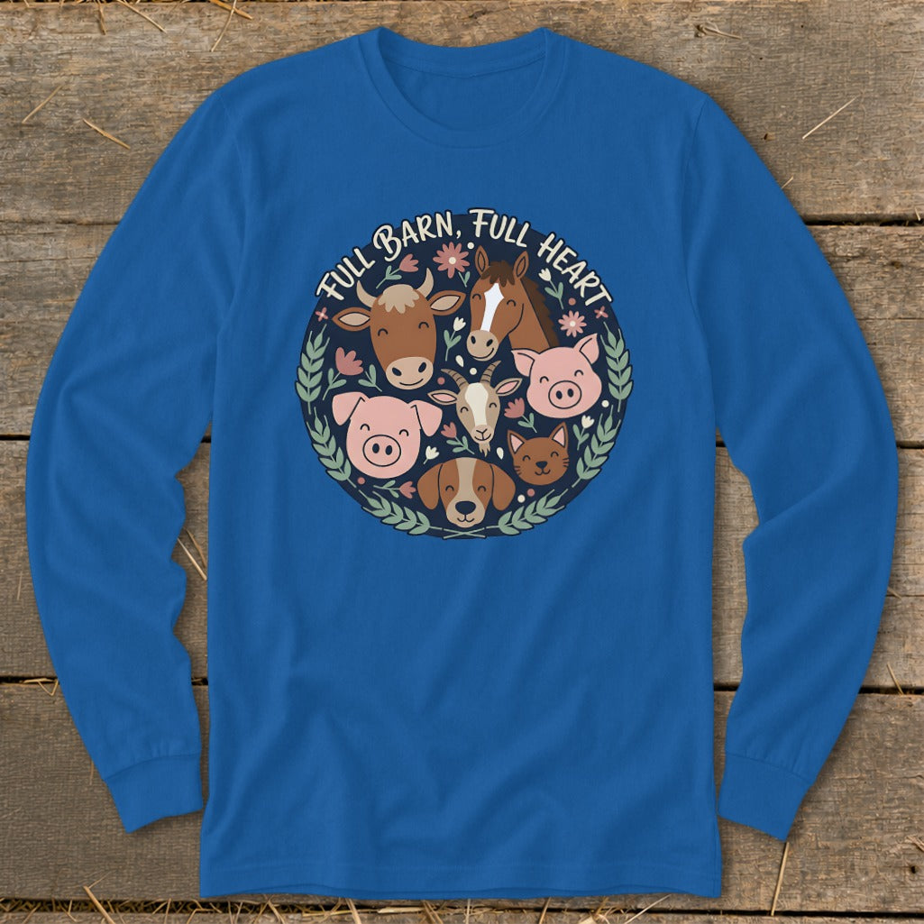 Farm animals circle with text "Full Barn, Full Heart" on blue shirt.