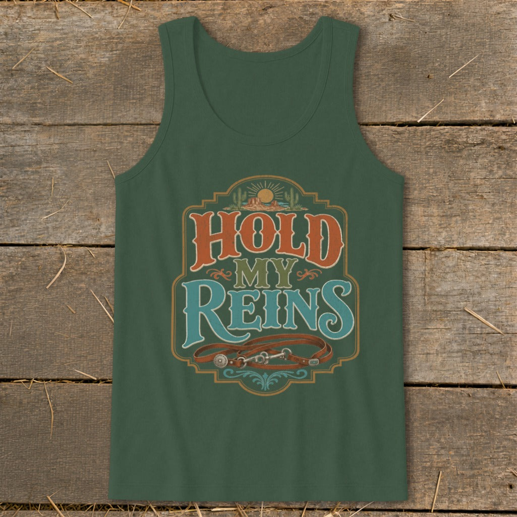 Dark green tank top with "Hold My Reins" text and horse bridle graphic.