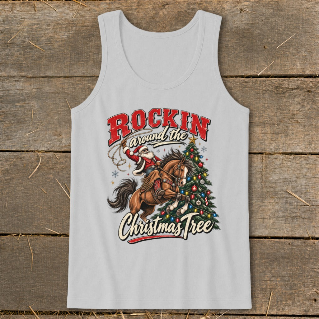 Santa on a horse with a lasso and Christmas tree, text "Rockin' around the Christmas Tree".