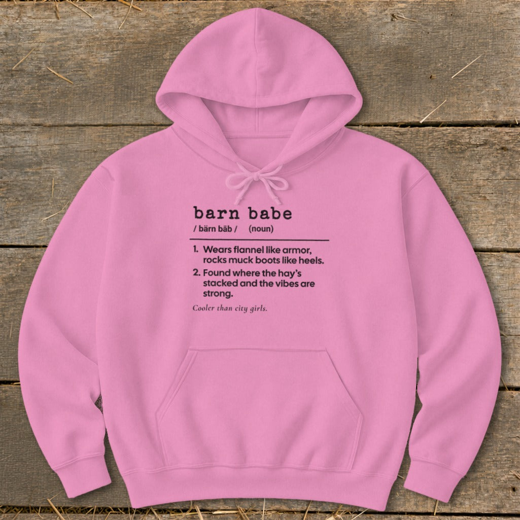 Pink hoodie with "barn babe" definition text.
