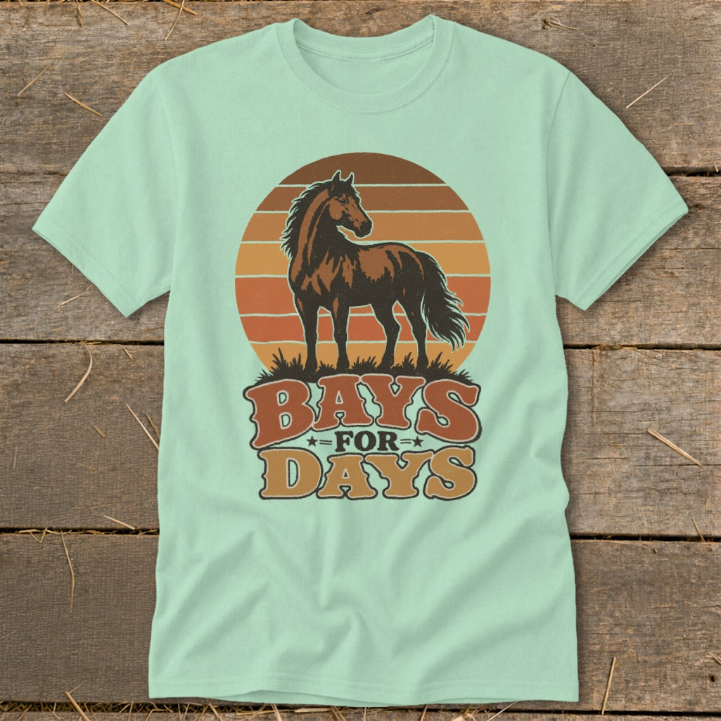 Light green t-shirt with a vintage graphic of a brown horse standing before a sunset.