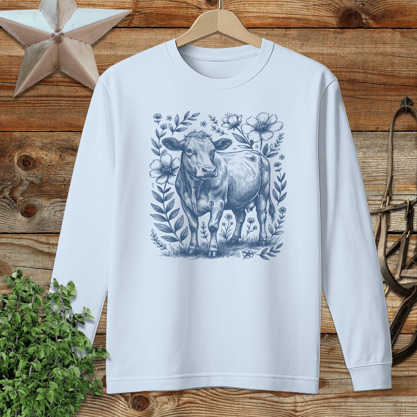 Botanical Cow Illustration Long Sleeve Tee