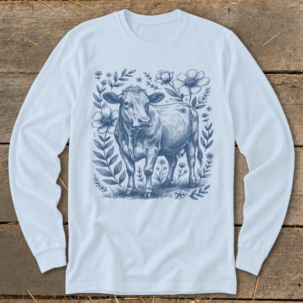 Botanical Cow Illustration Long Sleeve Tee