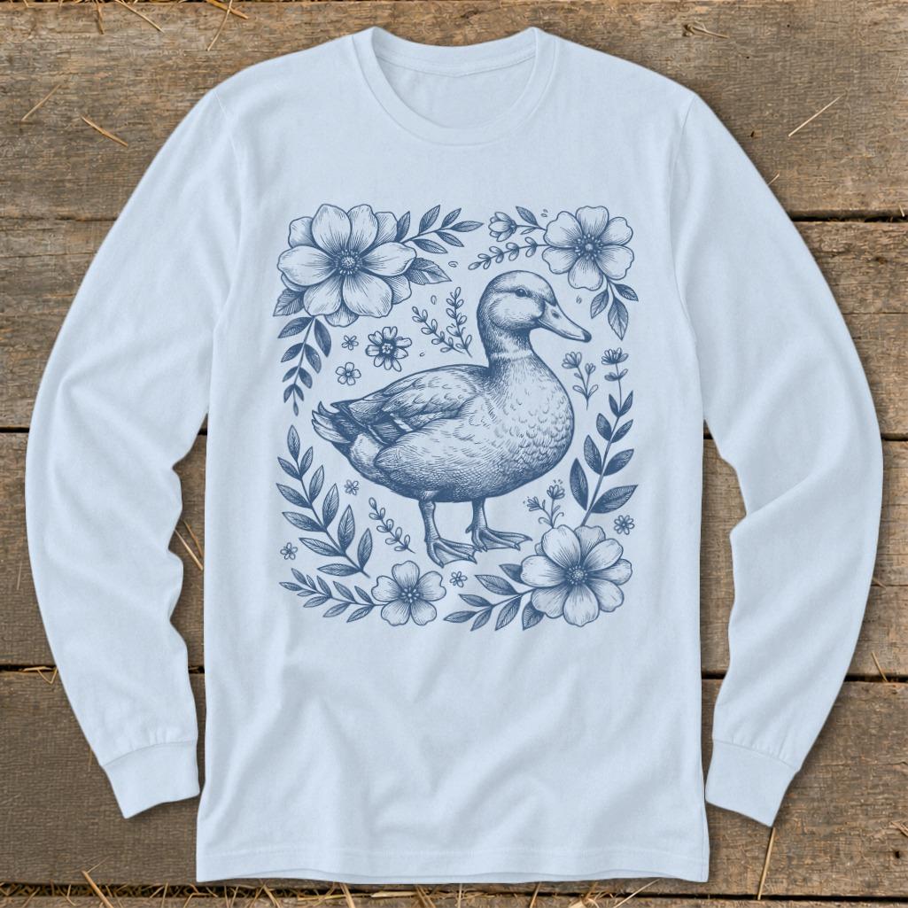 Botanical Duck Illustration Long Sleeve Tee