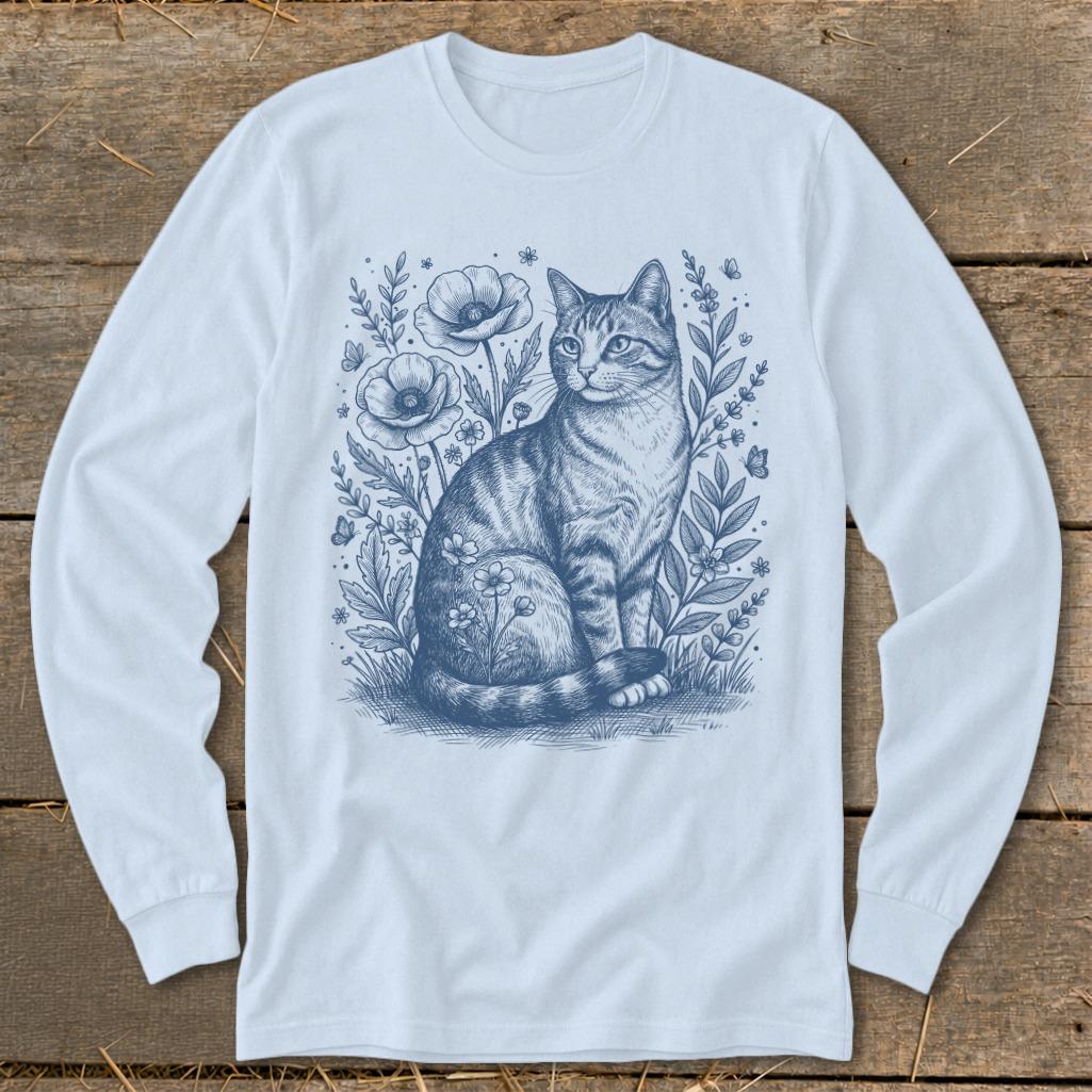 Botanical Farm Cat Illustration Long Sleeve Tee