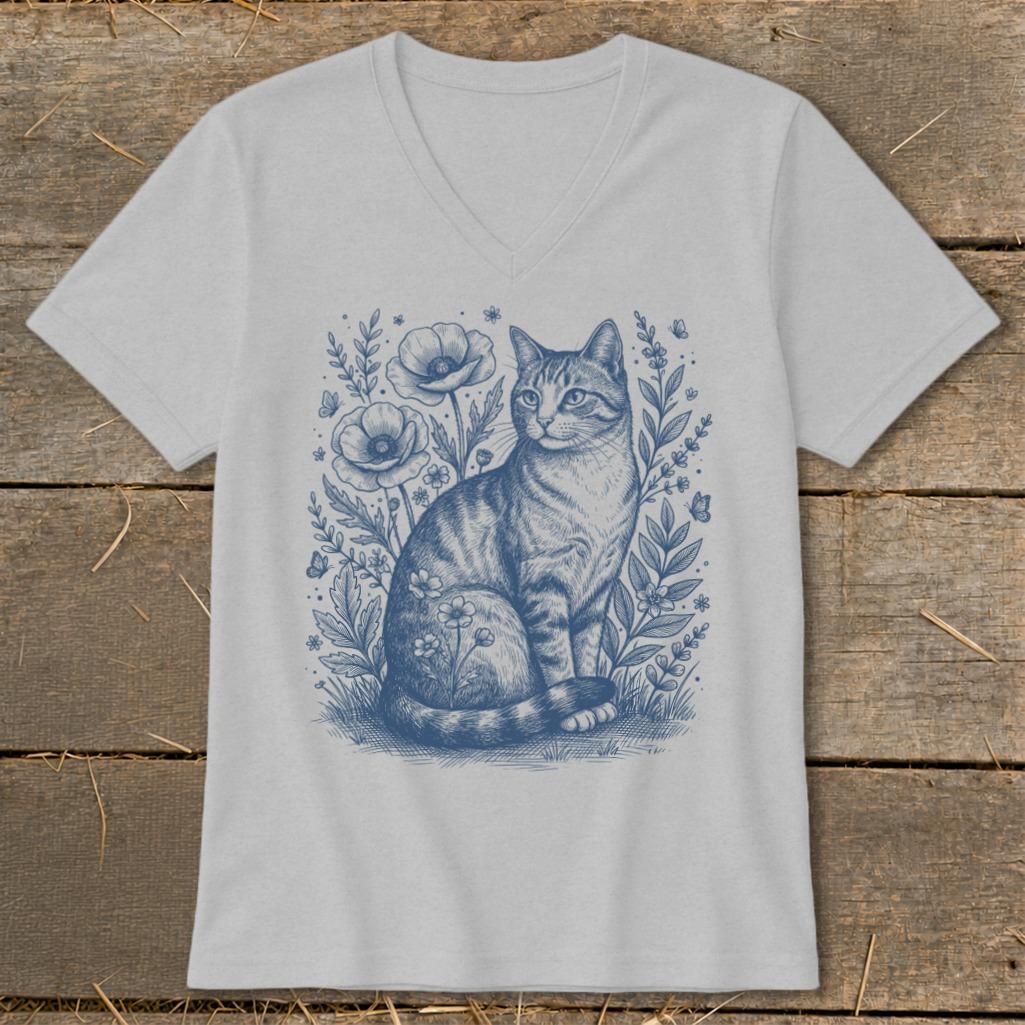 Botanical Farm Cat Illustration V-neck