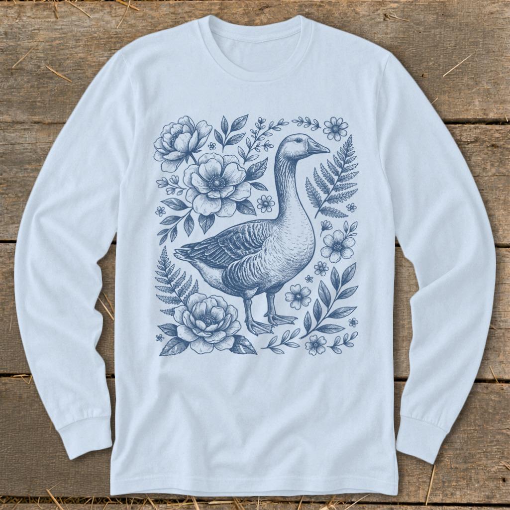 Botanical Goose Illustration Long Sleeve Tee