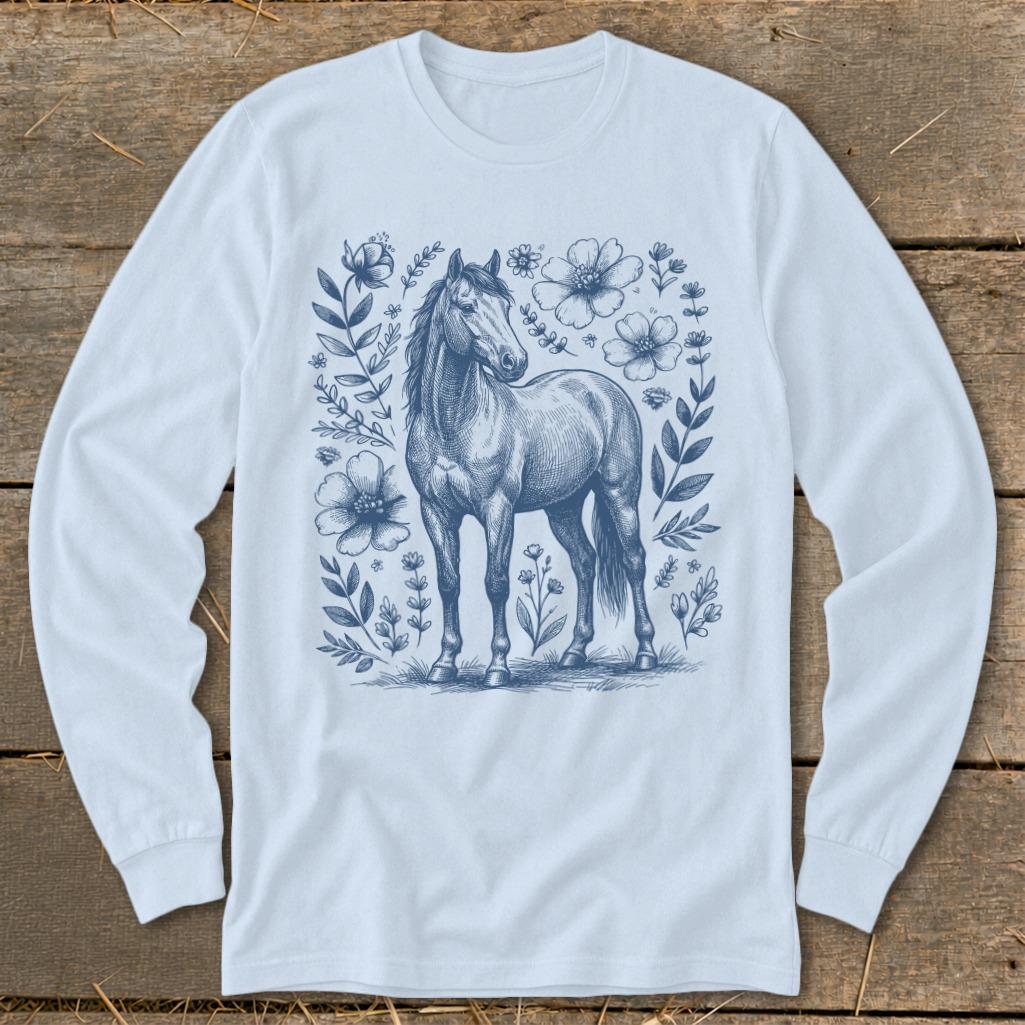 Botanical Horse Illustration Long Sleeve Tee