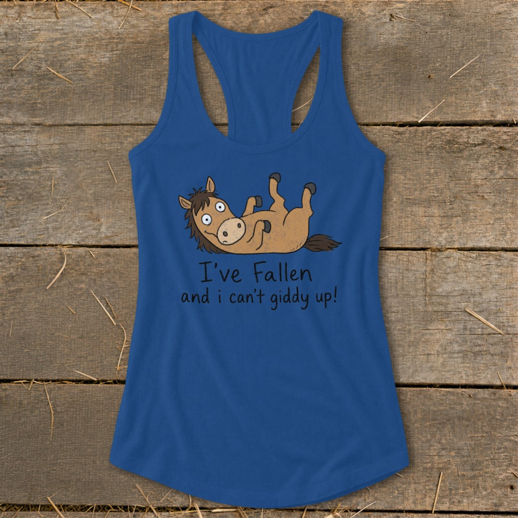 Blue tank top with cartoon horse graphic and text "I've Fallen and i can't giddy up!".