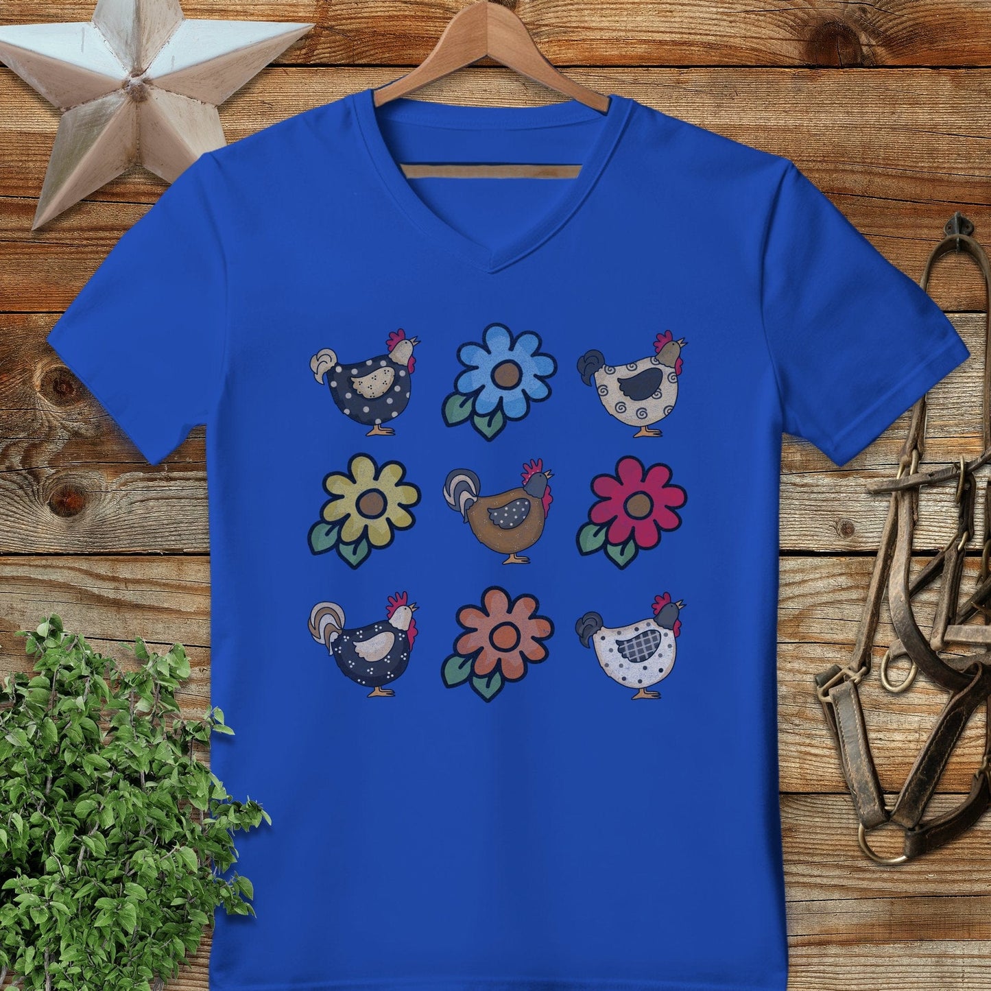 Chickens and Flowers V-neck