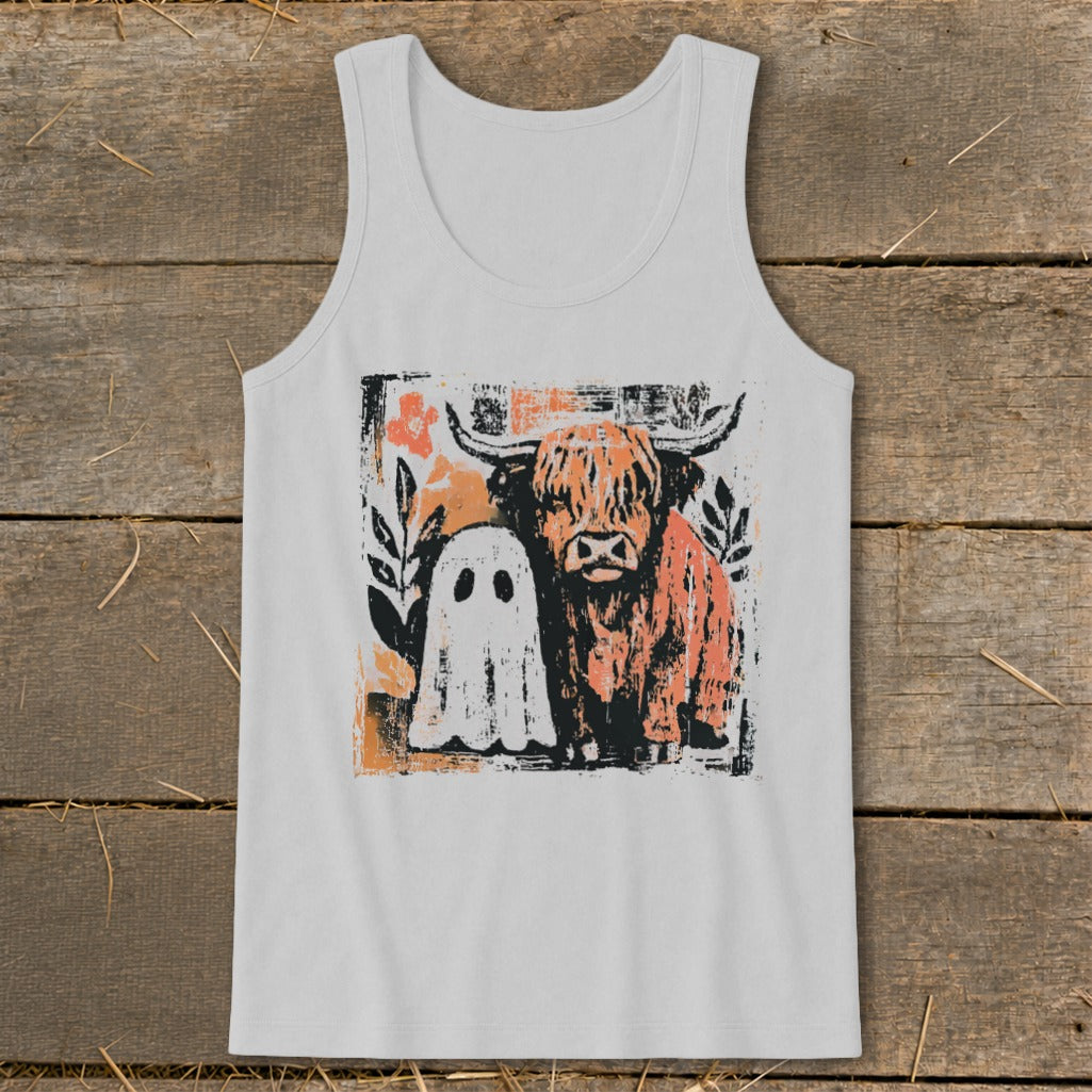 White tank top featuring a distressed print of a Highland cow and a ghost.