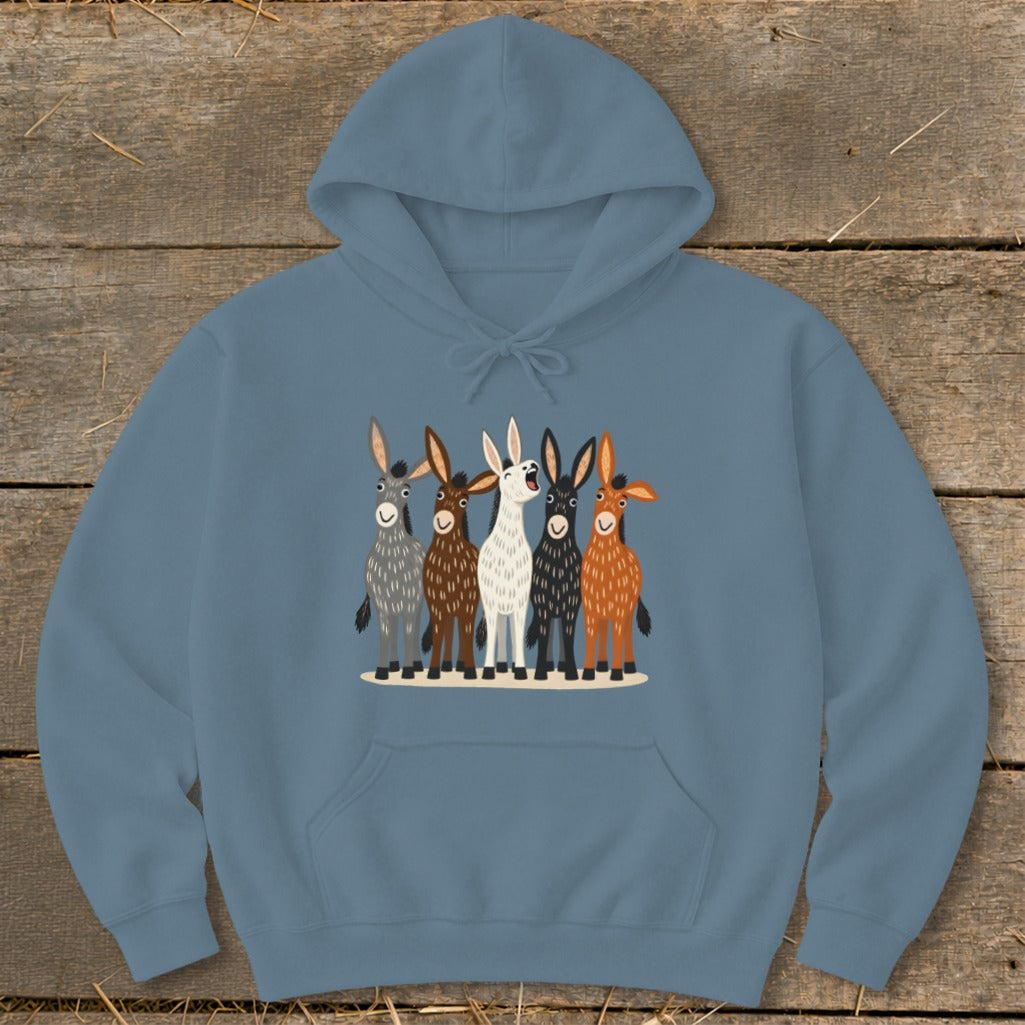 Steel blue hoodie featuring a front graphic of five colorful, illustrated donkeys standing together.